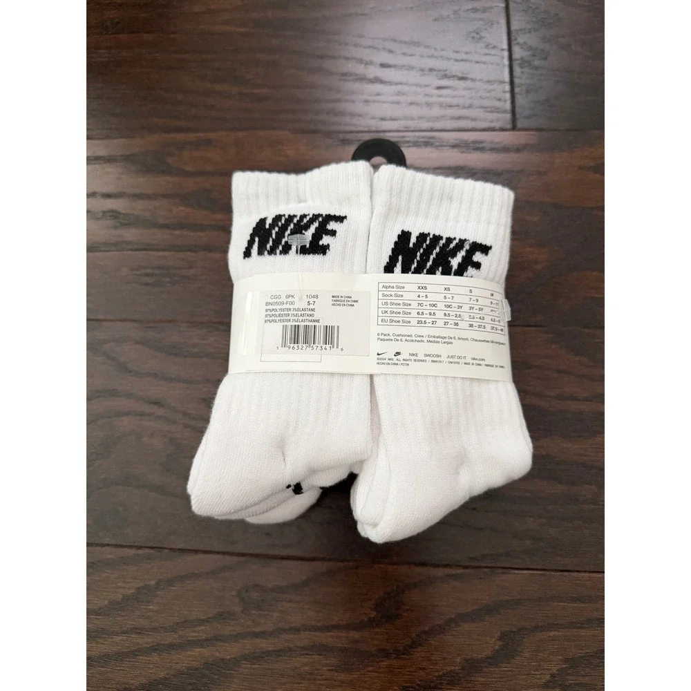 Nike Kids Everyday Cushioned Crew Socks 6 Pack White Black BN0509-F00 Size XS